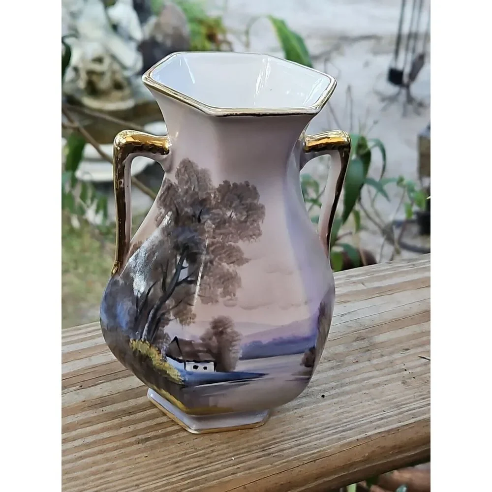 Nippon Noritake Morimura Hand Painted Vase HOUSE ON LAKE 6